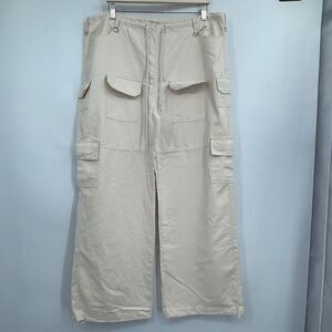 Et Clet Cream Straight Wide Leg High Waist Cotton Multi Pocket Cargo Pant Medium